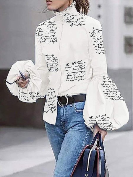 

Stand Collar Vintage Letter Top, White, Blouses and Shirts