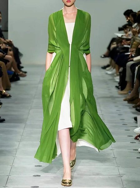 

V Neck Plain Elegant Kimono, Green, Kimonos