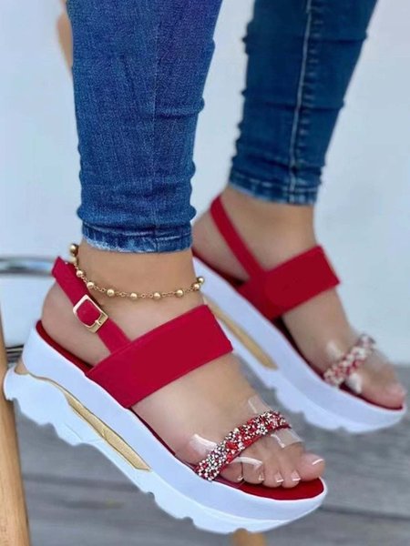

Rhinestones Clear PVC Platform Sports Sandals, Red, Sandals