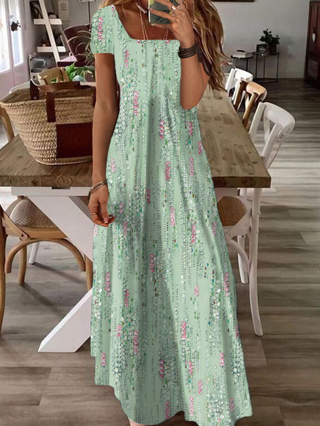 Square Neck Casual Abstract Printed Dress, Green, Dresses