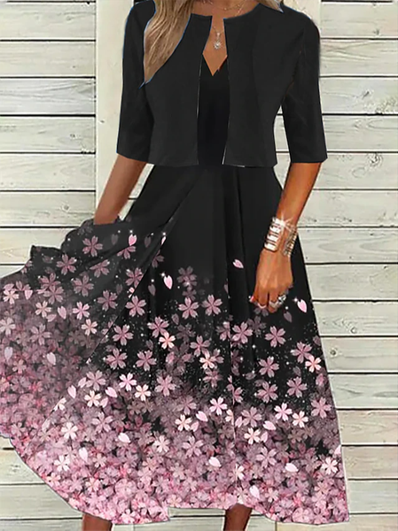 

Regular Fit Casual V Neck Floral Two-Piece Set, Black, Dresses