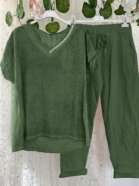 

Linen Loose Plain Two-Piece Set, Green, Suit Set