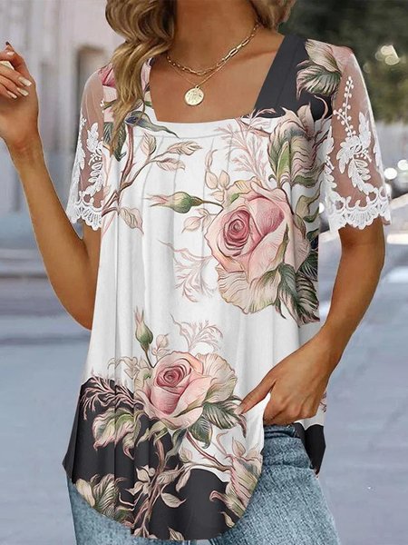 

Floral Casual Square Neck Knitted Shirt, Pink, Shirts & Blouses