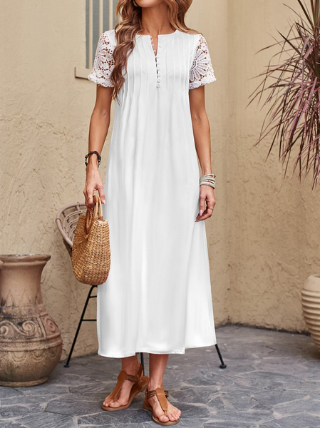 

Crew Neck Loose Lace Simple Dress, White, Dresses
