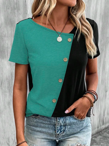 

Casual V Neck Two Tone Button Front Color Block T-Shirt, Green, T-Shirts