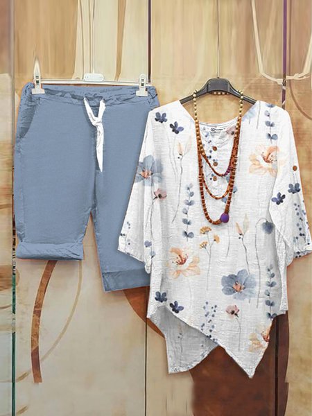 

Breezy Plant Print Two Piece Set, Blue, Suit Set