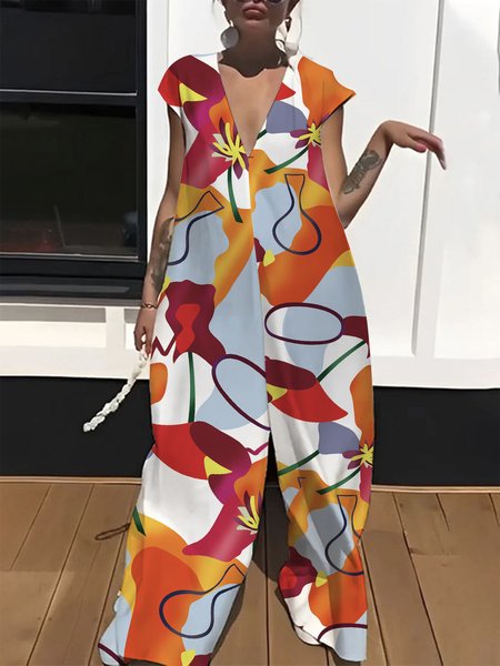

V Neck Casual Abstract Graphic Loose Jumpsuit, As picture, Jumpsuits