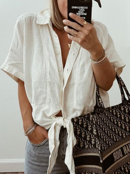 

Shirt Collar Plain Loose Casual Blouse, White, Shirts & Blouses