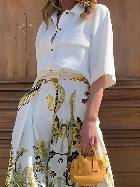 

Shirt Collar Casual Loosen Plain Blouse, White, Blouses and Shirts