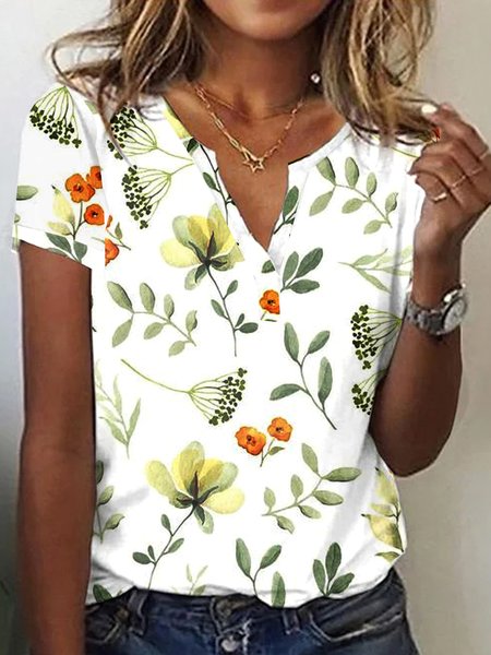 

Floral Casual Notched Jersey T-Shirt, White, T-shirts