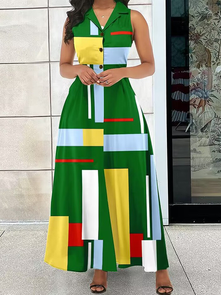 

Lapel Collar Elegant Geometric Regular Fit Sleeveless Dress With No Belt, Green, Maxi Dresses