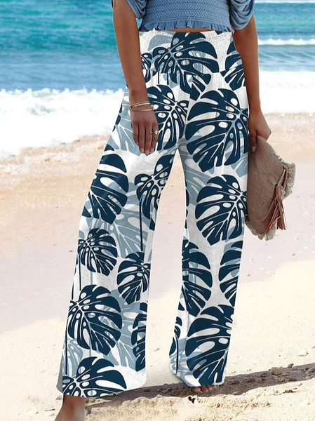 

Casual Leaf Loose Pants, Blue, Pants