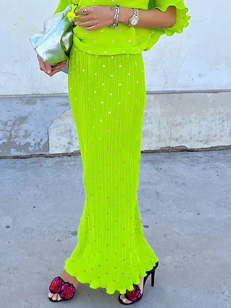 

Regular Fit Lightweight Polka Dots Elegant Maxi Skirt, Green, Skirts