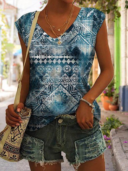 

Loose Casual V Neck Ethnic T-Shirt, Blue, T-Shirts