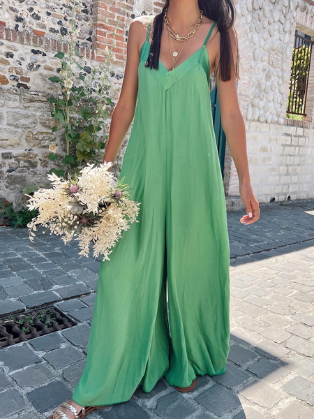 

Spaghetti Plain Casual Jumpsuit, Green, Jumpsuits＆Rompers