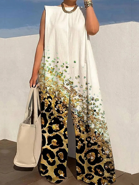

Urban Lightweight Leopard Crew Neck Loose Sleeveless Jumpsuit, As picture, Jumpsuits