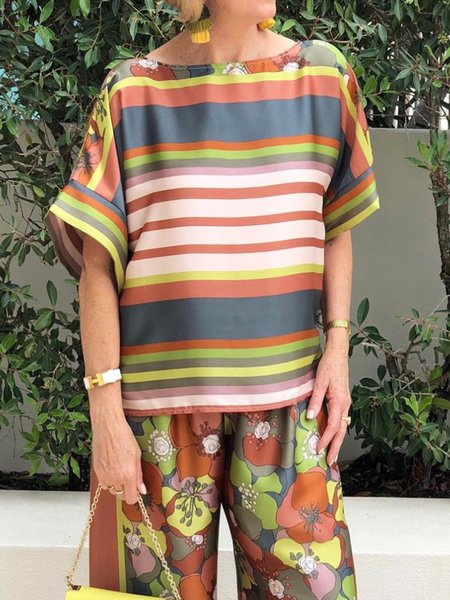Vacation Loose Striped Crew Neck Shirt, Multicolor, Blouses and Shirts