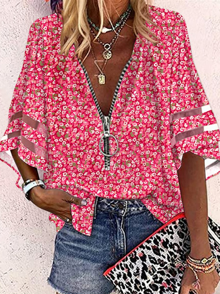 

V Neck Casual Zipper Loose Shirt, Red, Shirts & Blouses