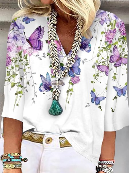 

Plus Size Butterfly Casual Shirt, White, Shirts & Blouses