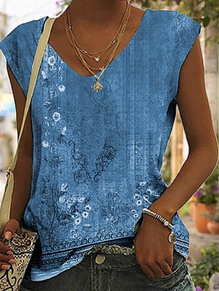 

Floral Loose Vacation Tank Top, Blue, Tanks & Camis