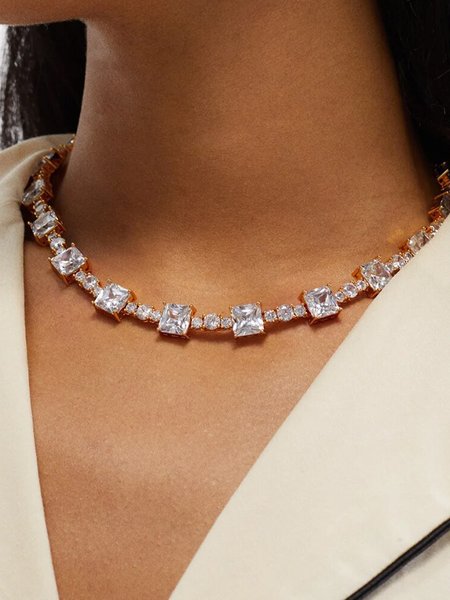 

Elegant Square Stone Chain Necklace Choker Party Wedding Women's Jewelry, Golden, Necklaces