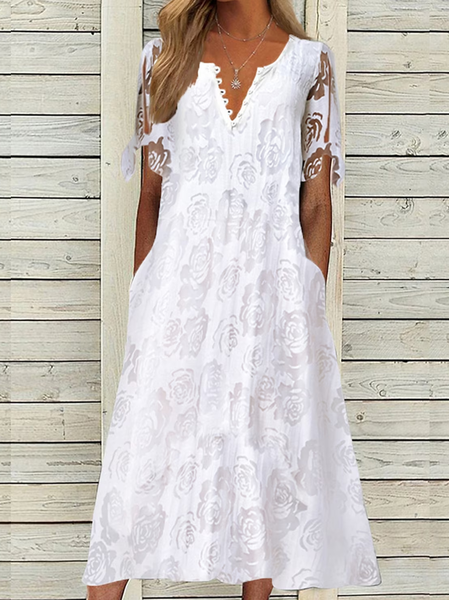 

V Neck Plain Regular Fit Simple Dress, White, Dresses