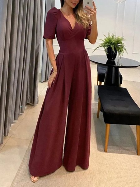

Puffed Sleeves High Waist Wide Leg Dressy Prom Jumpsuit, Wine red, Jumpsuits＆Rompers