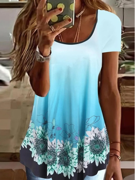 

Loose Crew Neck Floral Casual Shirt, Blue, Shirts & Blouses