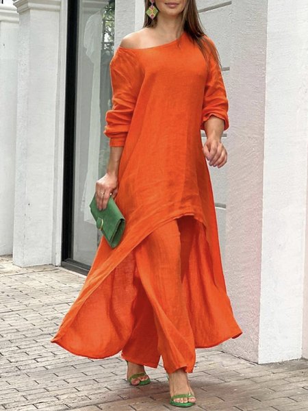 

Vacation Boat Neck Polyester Cotton Two-Piece Set, Orange, Two-piece Set