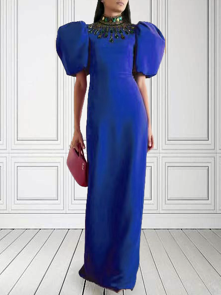 

Puff Sleeve Wedding Guest Dress With No Necklace, Blue, Maxi Dresses