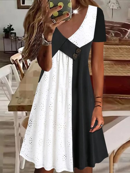 Casual V Neck Color-block Jersey Embroidery Dress, Black-white, Dresses