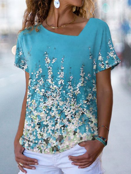 

Floral Others Casual Loose T-Shirt, Blue, T-Shirts