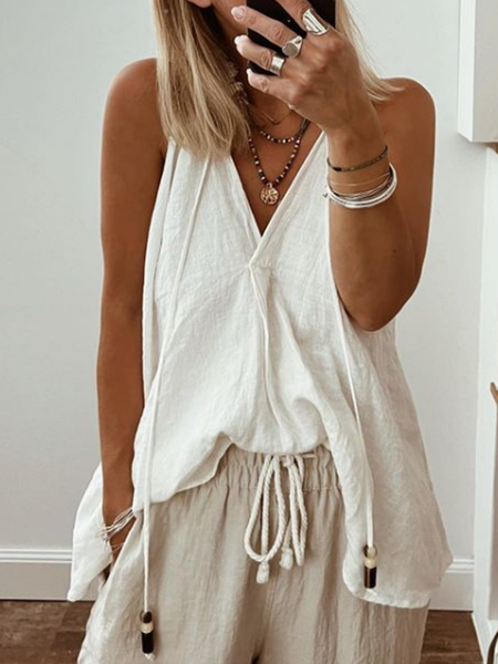 

Plain V Neck Casual Cami, White, Tanks & Camis