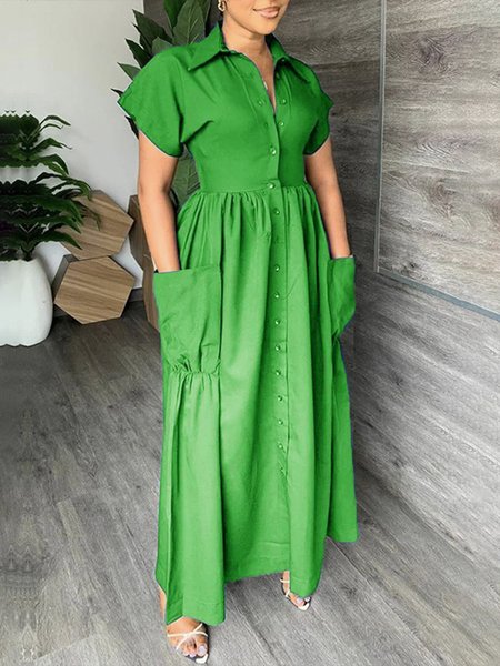 

Shirt Collar Regular Fit Urban Daily Plain Dress With No, Green, Maxi Dresses