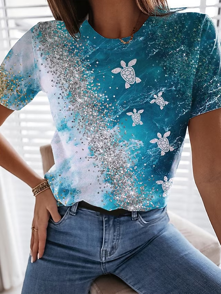 

Crew Neck Loose Marine Life Casual T-Shirt, Blue, T-Shirts