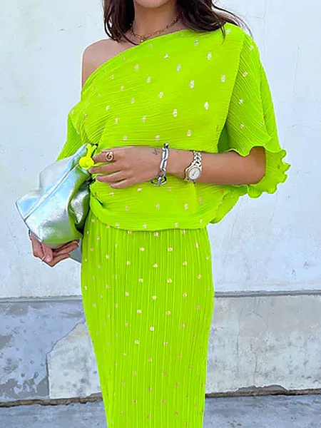 

Loose Elegant Short sleeve Asymmetrical Polka Dots Shirt, Green, Blouses and Shirts