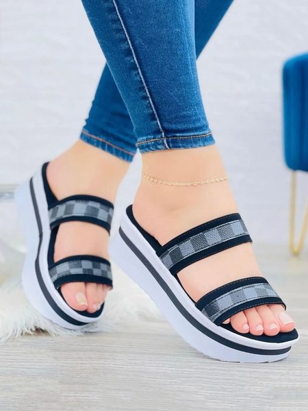 

Casual Plaid Double Straps Platform Slide Sandals, Black, Sandals
