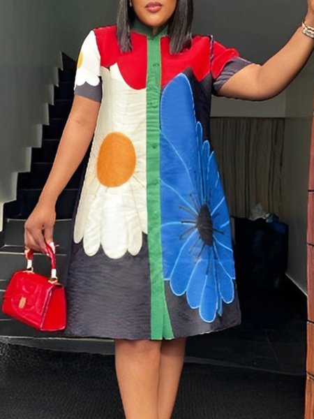 

Loose Vacation Floral Stand Collar Shirt Dress, As picture, Mini Dresses