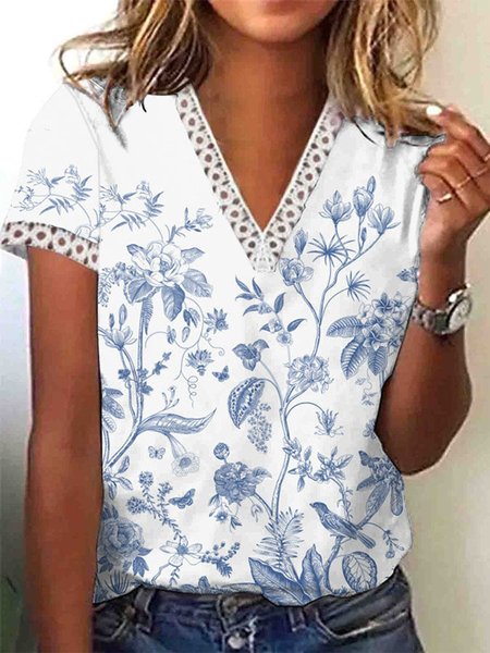 

Women's Casual Floral Panel Lace Top, Blue, T-Shirts
