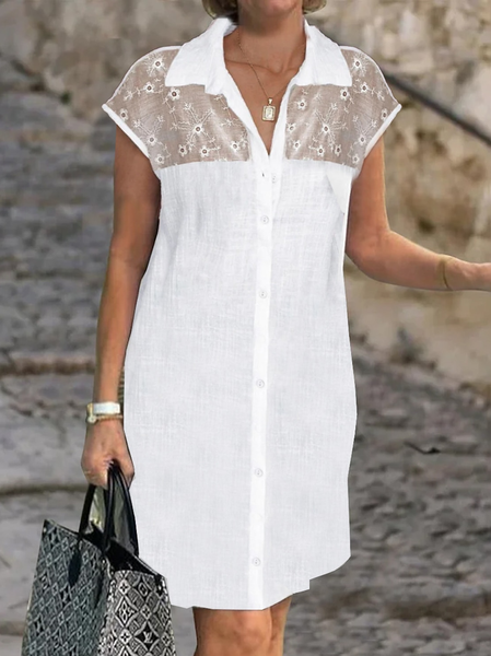 

Shirt Collar Lace Simple Plain Dress, White, Dresses