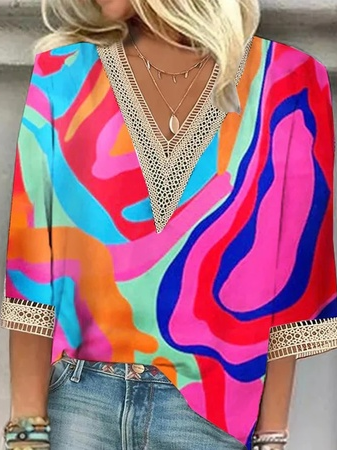 

Casual Loose Geometric V Neck Shirt, Red, Shirts & Blouses
