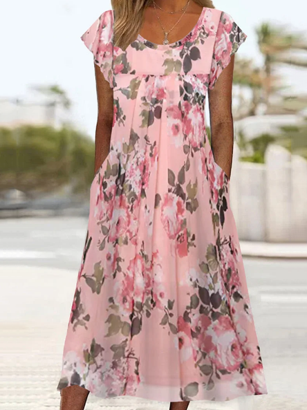 Casual Floral Design Chiffon Dress, Pink, Dresses