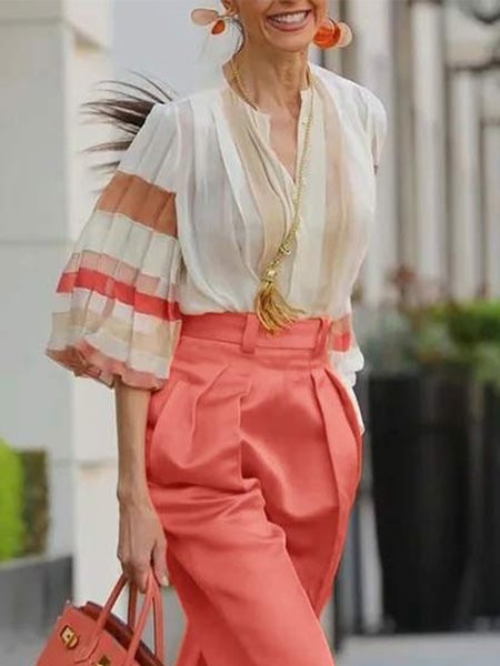 

Crew Neck Casual Striped Loosen Blouse, As picture, Blouses and Shirts