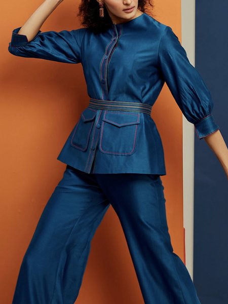 

Crew Neck Loose Urban Plain Blouse, Deep blue, Blouses and Shirts