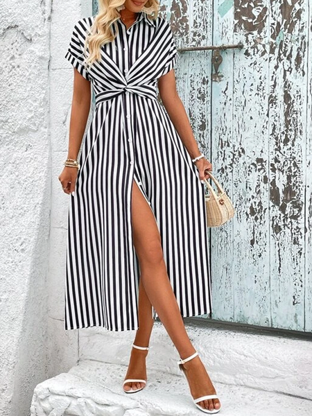 

Striped Shirt Collar Loose Casual Dress With No, Black-white, Dresses