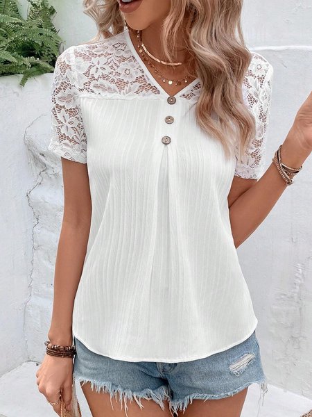 

V Neck Lace Plain Simple Shirt, White, Shirts & Blouses