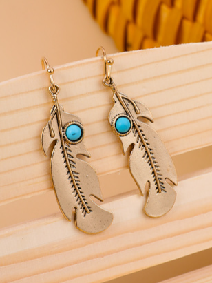 

Ethnic Metal Feather Studded Turquoise Earrings Vintage Women's Jewelry, Blue, Earrings