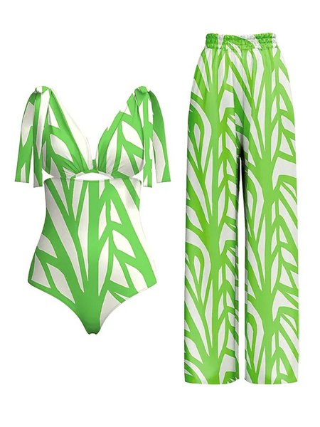 

Striped Printing Casual One Piece With Cover Up, Green, Coverups