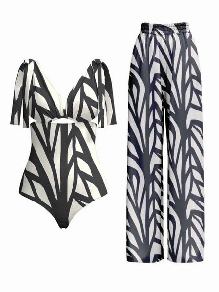 

Striped Printing Casual One Piece With Cover Up, Black, swimwear>>One-Pieces