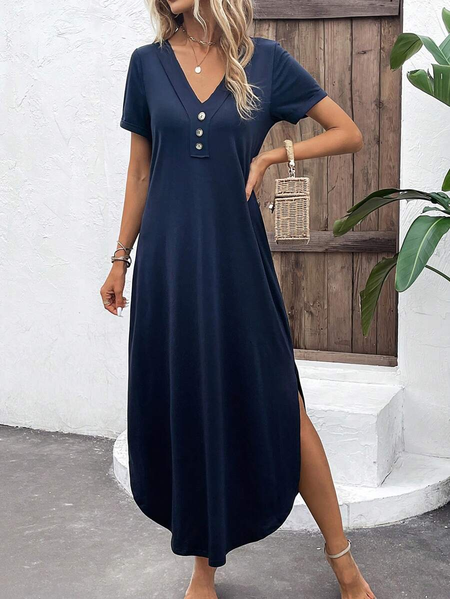 

Plain Casual Buckle V Neck Dress With No, Purplish blue, Dresses